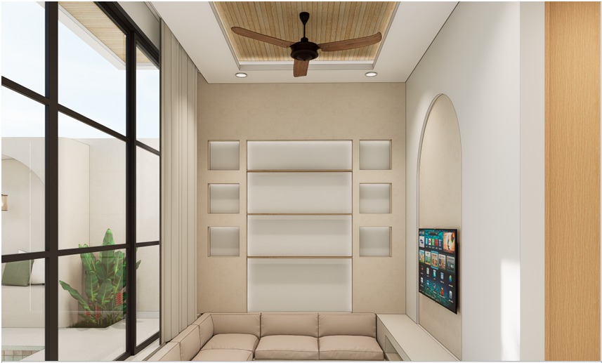 Neutral-toned living room with tall glazed openings