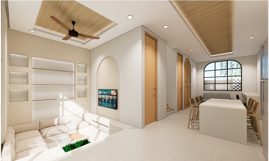 A view of the Rhino Villa living room, dining area and interior details