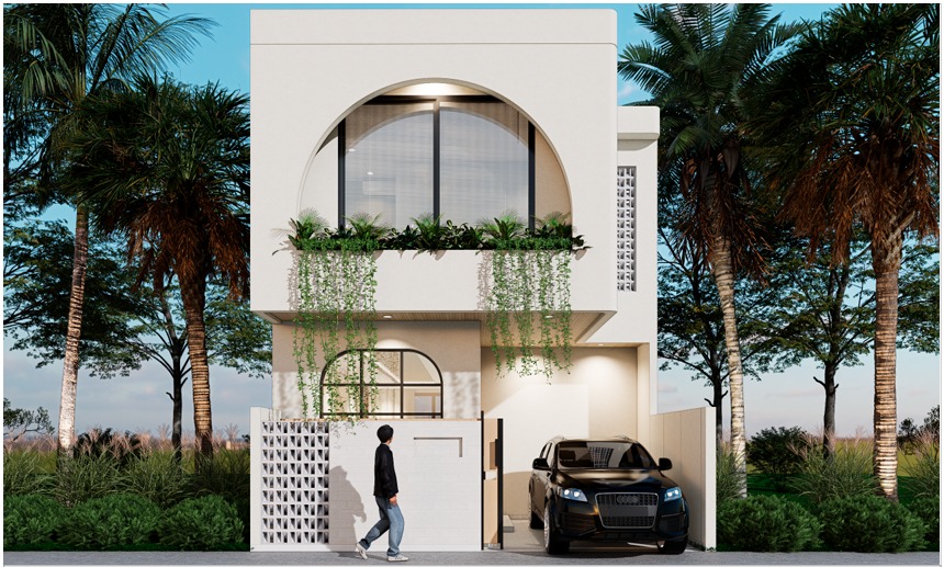 Facade of one Rhino Villa residence with a large arched opening