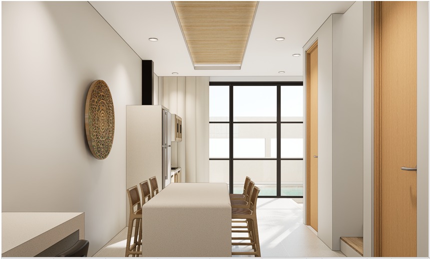 Dining room and kitchen with light wood finishes