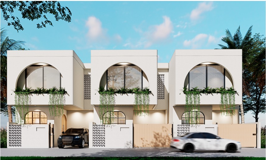 Front view of Rhino Villa, a modern townhouse with arched windows and trailing greenery