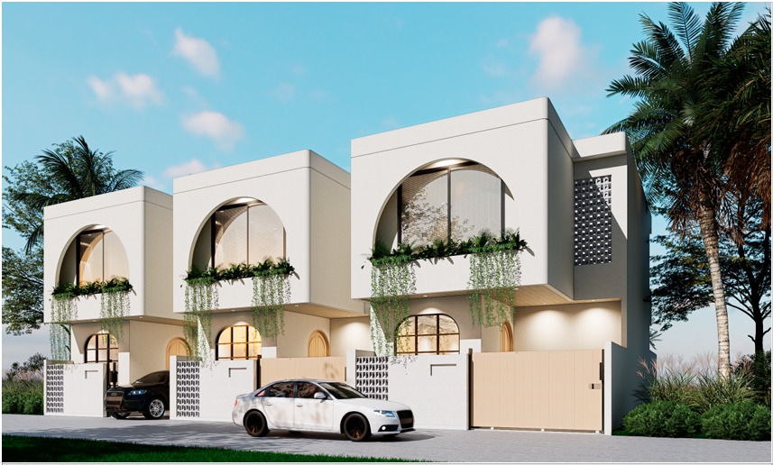 Another view of Rhino Villa’s facade, surrounded by tropical palms